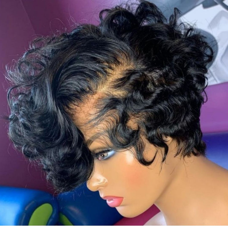 Brazilian virgin hand tied full lace pixie cut curly bob wig