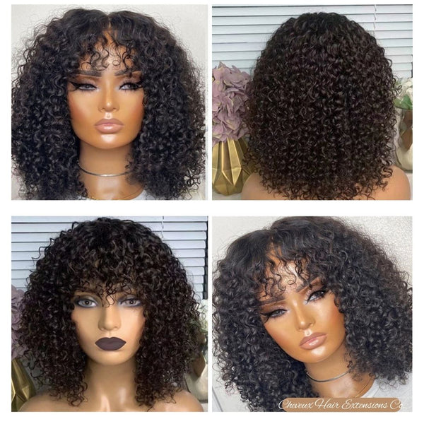 human hair bang curly machine made wig