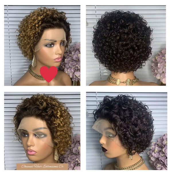 100% human hair lace frontal pixie cut curly bob wig