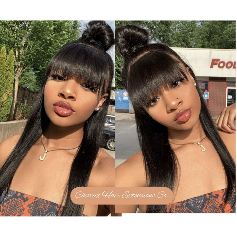 Stock Mongolia virgin silk straight with a cute BANG full lace wig