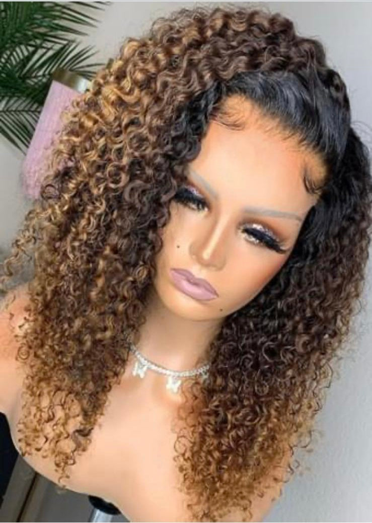 Brazilian virgin Ombre brown color deep curly 5*5 HD lace closure wig