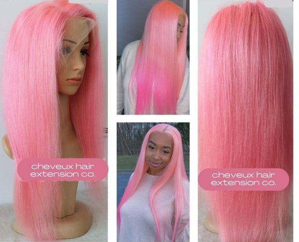 Brazilian virgin pink color silk straight lace front wefts back wig