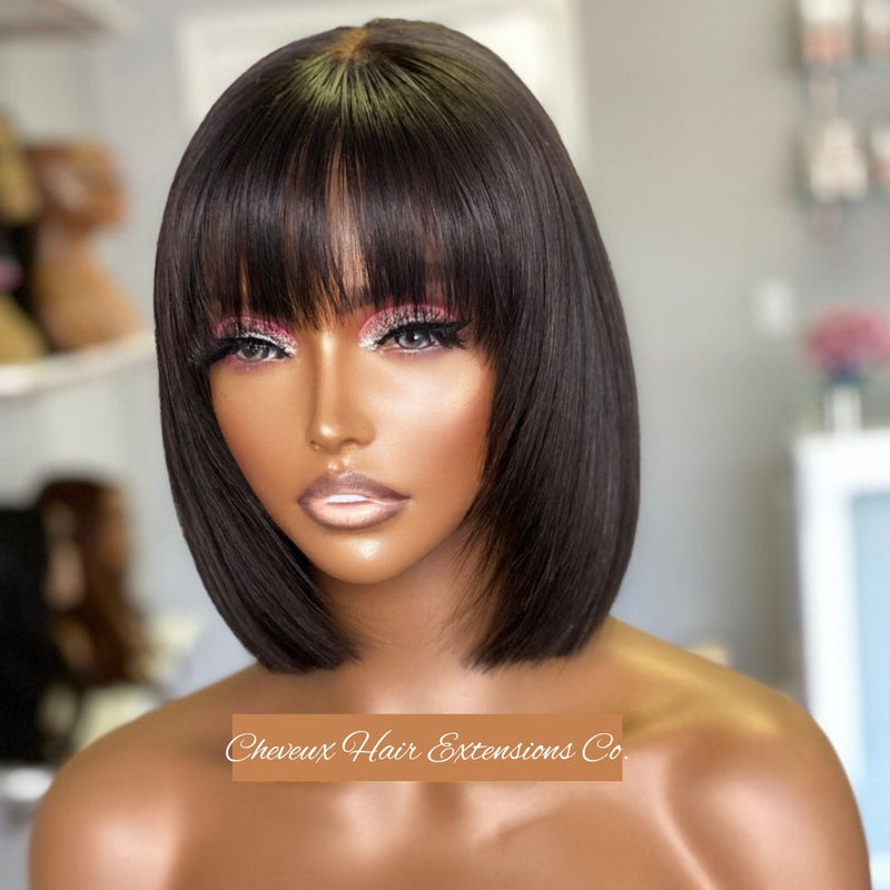 Brazilian virgin silk straight 5*5 HD lace closure bang bob wig