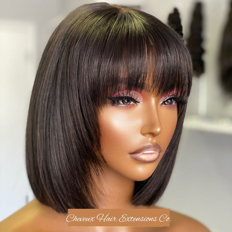 Brazilian virgin silk straight 5*5 HD lace closure bang bob wig