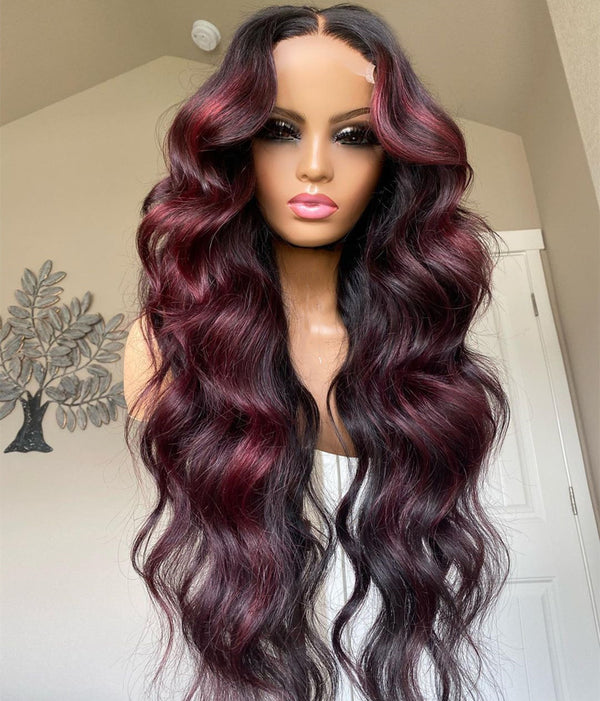 HD lace closure burgundy loose wave 5*5  middle parting wig