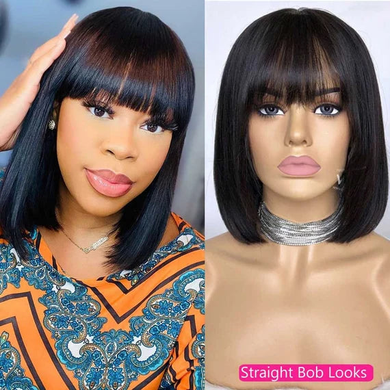 Brazilian straight or Yaki texture Machine Made Glueless Short Bob with Bangs